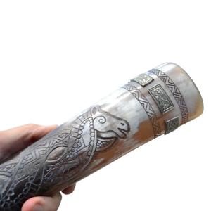 Meilleure qualité faite à la main Viking corne tasse naturel blanc boisson chaude verrerie avec gravure poli miroir support pour bière - Product Image 6