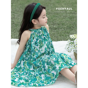 Váy bé gái YOEHYAUL X4925 không tay, dây đeo, 1 tuổi, 1-8 tuổi, màu xanh lá cây tím, dài, chất liệu cotton, họa tiết hoa, dành cho trẻ nhỏ. - Product Image 3
