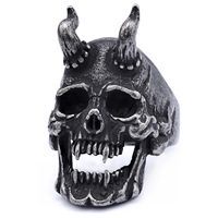 Bague pour homme en acier inoxydable, style européen-américain, design audacieux, avec crâne et cornes de démon, style heavy metal, pierre naturelle, thème sombre, pour anniversaire