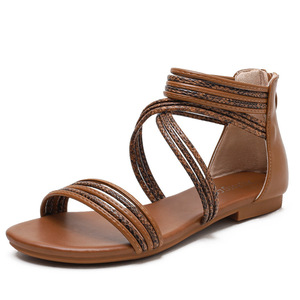 Elegant Brown Genuine Leather <b>Flat</b> <b>Sandals</b> Open Toe Slip-On Women's Summer Breathable Strappy Design Drop Shipping - Product Image 4
