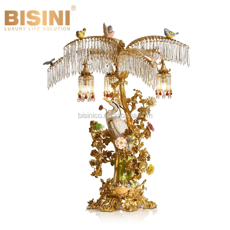 Роскошная фарфоровая и латунная Настольная лампа с хрустальными каплями, настольная лампа уникального дизайна, имитация керамического крана под бронзовой пальмой