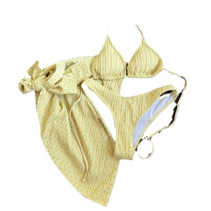 Conjunto de traje de baño de tres piezas para mujer, bikini de color liso acanalado sin espalda con tirantes ajustables de elastano/algodón para natación/deportes acuáticos - Product Image 5