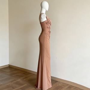 Midi Satin V-neck Long Sleeve Casual <b>A</b>-<b>Line</b> <b>Dress</b> with Gold Buttons Solid <b>Pattern</b> Sheer Layer Ruffle Hem for Daily Spring Wear - Product Image 4