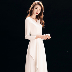 White V Neck Satin Sheath Evening Dress For Women Long Elegant Party Banquet Host Event Wear - Product Image 1