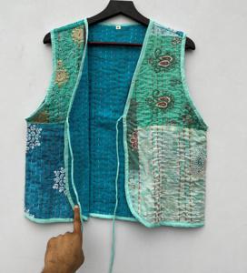 Handmade <b>Women's</b> Cotton Kantha Vests <b>Waistcoats</b> Comfortable Open Front Bedspread with Short V-Neck Design <b>for</b> Outer Wear - Product Image 5