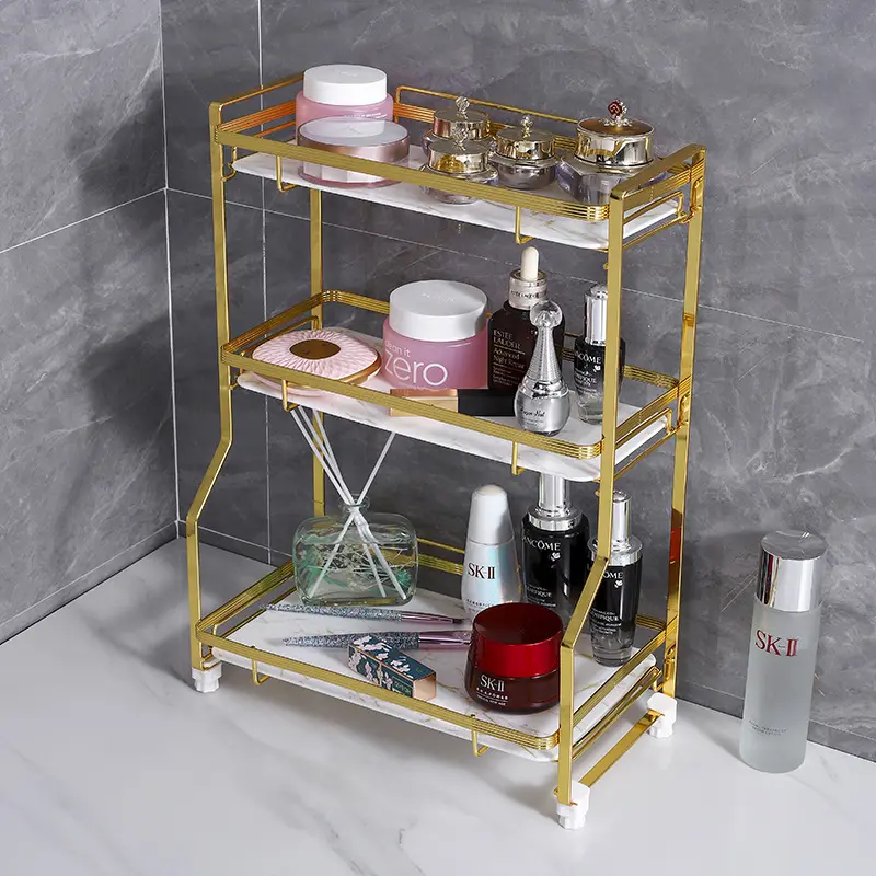 Modern Luxury Gold 3 tier Bathroom Shelves Cosmetics Makeup Storage Rack Toothbrush Toiletries Holders Vanity Corner Shelf