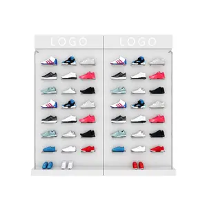 Custom brand logo modern retail footwear shop ideas frame white retail wall shoe store display racks