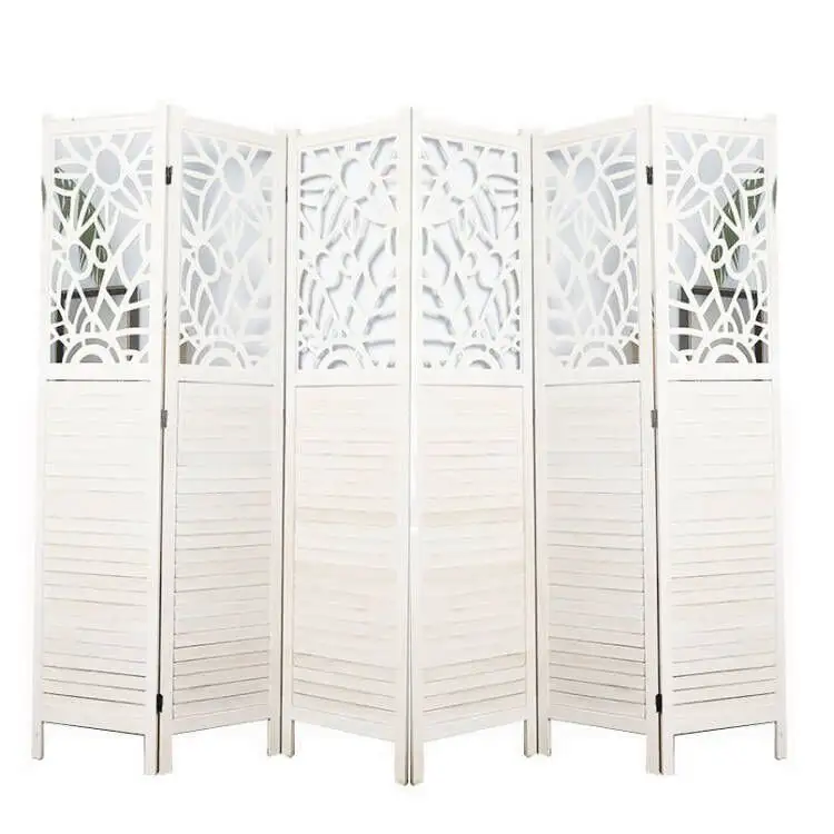 6 panels woven foldable carved flower design white color wooden wall desk clear hanging curtain room divider