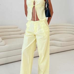 Conjunto de 2 Piezas de Lino y Algodón para Mujer, Top Casual de Verano y Pantalones Cortos sin Mangas con Estampado Sólido, OEM, Uso Diario - Product Image 1