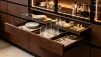 Meuble de cuisine sur mesure en cuir de luxe avec four encastré, armoire vitrée à LED pour maison de luxe, commande en gros