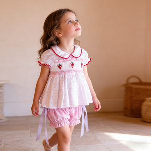 Vestito Estivo in Cotone per Bambine 1-6 Anni, Stile Principessa, Rosa a Righe con Ricamo Fragola, Colletto Peter Pan e Volant - Product Image 1