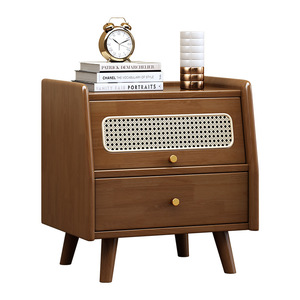 Retro Rattan Bedside Table 45cm Black <b>Walnut</b> Wood Color Modern Storage Cabinet Bedroom Furniture - Product Image 4