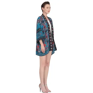Desain Kustom Cetak Kasual Pantai Menutupi Kardigan Kimono Sutra Wanita Depan Terbuka Gaun Jubah Antik