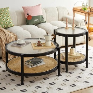 Rattan Coffee <b>Table</b> <b>Round</b> Nesting Living Room <b>Side</b> <b>Table</b> Natural Wood Color - Product Image 3