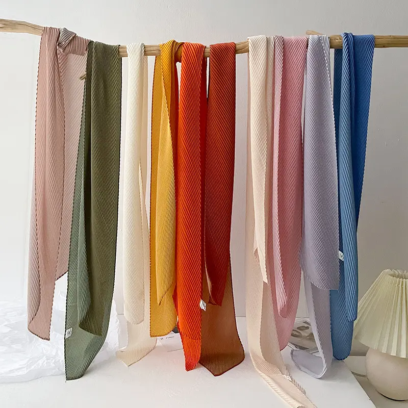 Fashion solid color crepe crinkle silk long thin scarf summer elegant headband tied small neck scarf plain crumpled ribbon scarf