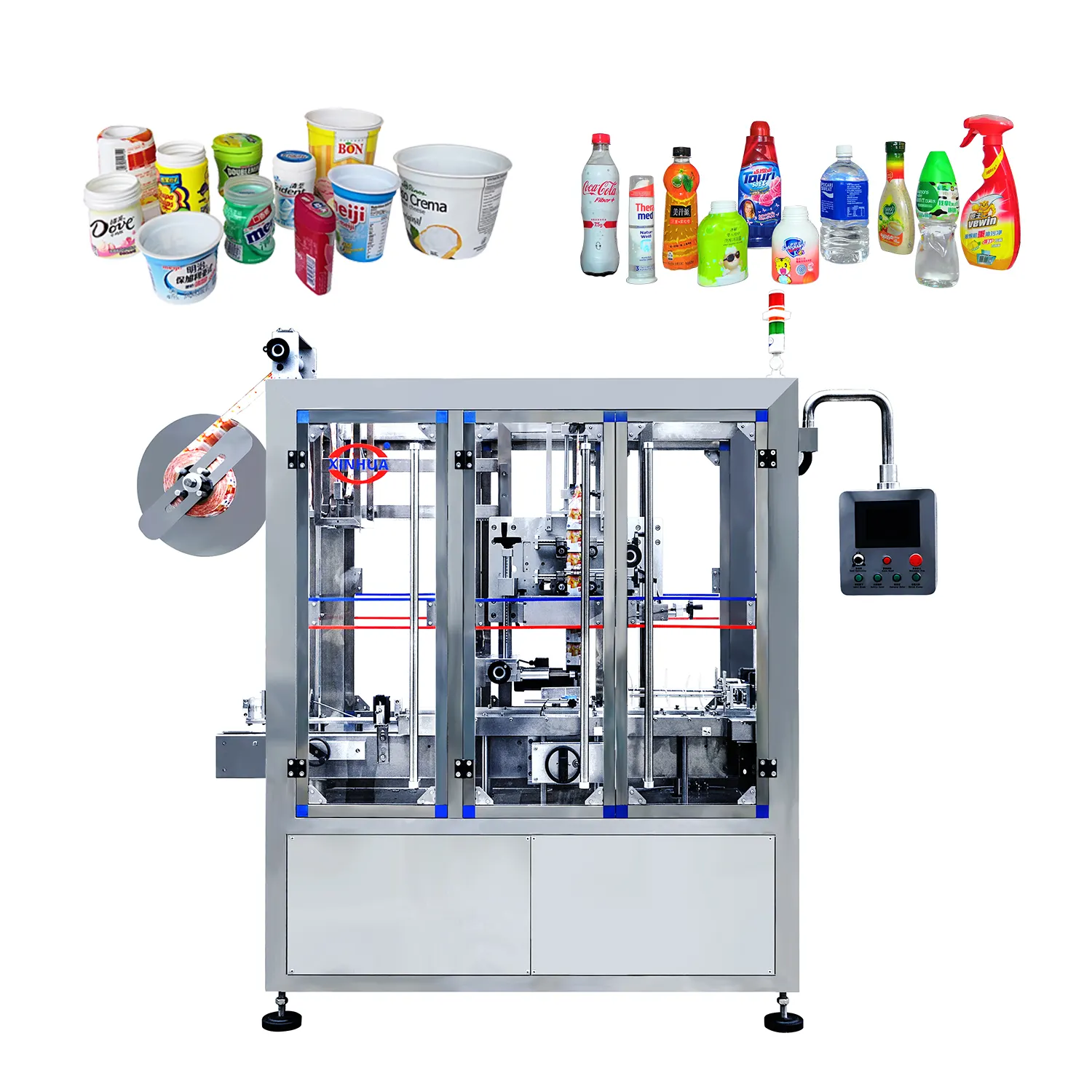 XHL-250 PVC estiramento automático água garrafa Sleeving rotulagem máquina para aerossol latas manga aplicador