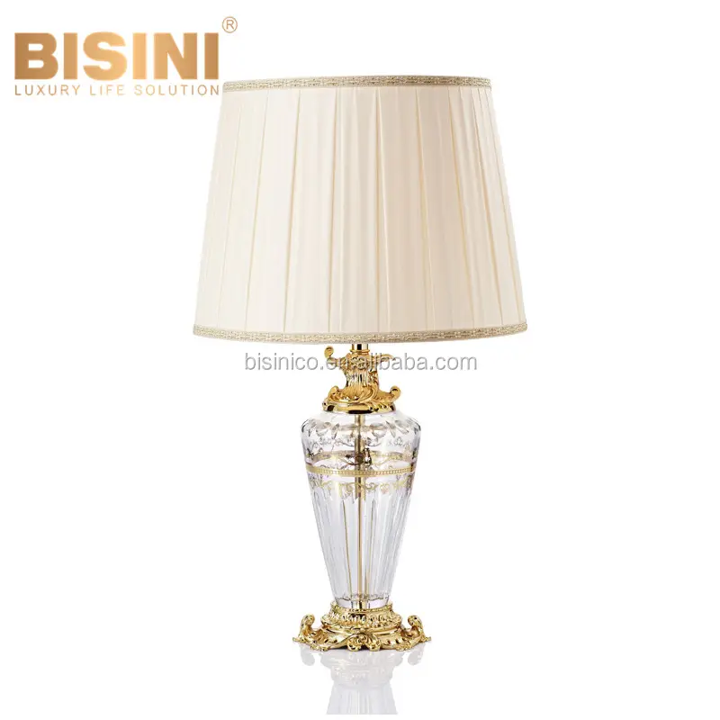 Ornate Gilt Engraved Brass Crystal Table Lamp With Shade, Clear Crackle Glass Textured Decorated Desk Lighting