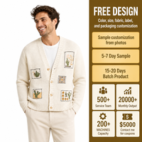 Cardigan en tricot 100 % coton pour homme FNJIA, col en V, broderie florale cactus, manches longues, coupe ample