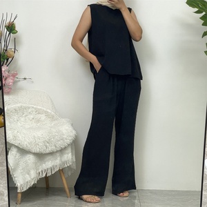 1958# New Style Three Piece Women <b>Cardigan</b> Set Muslim Open Abaya Sleeveless Top and Elastic Waist Loose Pant With Pockets Sets - Product Image 4