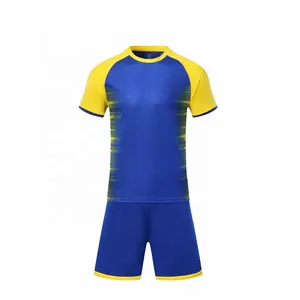 Pakaian Olahraga Tersedia Jersey Sepak Bola Poliester Kosong Biru Kuning