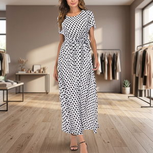 Vestido Casual Largo de Gasa con Estampado de Lunares Blancos para Mujer, Cuello Redondo, Manga Corta, Corte Holgado, Transpirable, Estilo Veraniego - Product Image 3