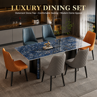 Ensemble de table à manger en pierre bleue de luxe avec chaises matelassées à veinage doré et diamants, 6 à 10 places, design tendance pour maison moderne