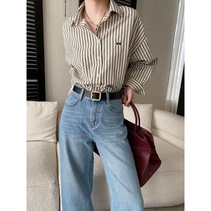 智能博主风格复古条纹爱心刺绣翻领宽松全棉长袖衬衫 Sn8755 - Product Image 6