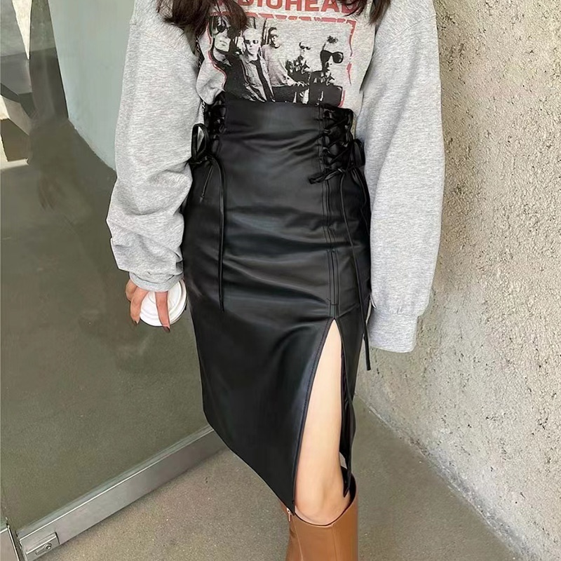 Black Midi Length Women Sexy High Slit Skirt Tie Tight Fit Hot and Sexy Leather Pencil Skirt