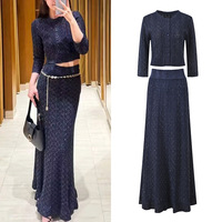 Ensemble 2 pièces tricoté uni pour femme : Cardigan à col rond et manches trois quarts en tissu Lustrin, et jupe longue sirène