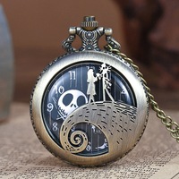 Cadeau d'Halloween antique-Rétro Gothique Jack Skellington Pendentif Collier Tim Burton's Nightmare Christmas Montre de Poche pour Hommes Enfants