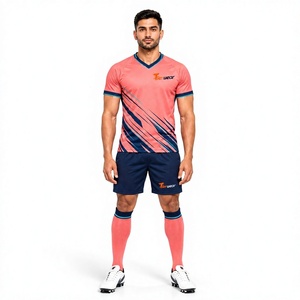 Ensemble de maillot de rugby pour homme Tiierwear, rose marine uni, col en V, manches courtes, évacuation de l'humidité, respirant, extensible dans quatre directions, athlétique - Product Image 1