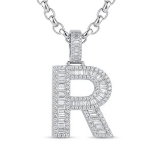 <b>Iced</b> <b>Out</b> Moissanite Letter R Pendant Rhodium Plated 925 Silver <b>Chain</b> Unisex Everyday Wear Charm Pendant for Womens - Product Image 1