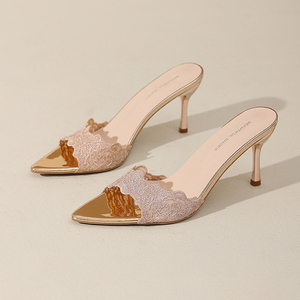 Sandali con tacco alto da <span class=keywords><strong>donna</strong></span> ricamati di lusso, nuovi modelli di tendenza 2025, <span class=keywords><strong>ciabatte</strong></span> slip-on a tacco sottile tinta unita - Product Image 5