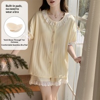 Sweethoney – pyjama en coton biologique pour femmes, respirant, avec coussinets de poitrine, short à manches courtes en dentelle, pyjama décontracté, été