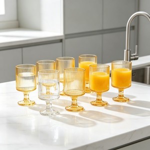 Set Regalo di 6 Calici in Vetro Ambrato con Stelo Scanalato Verticale, Capacità 330ml, Lavabili in Lavastoviglie, Ecologici, Multifunzionali, Stile Vintage - Product Image 3