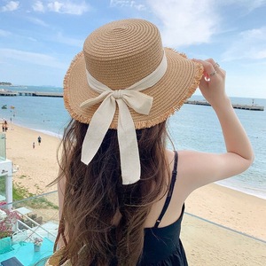 Frayed Flat Top <b>Straw</b> <b>Hat</b> Khaki Black Bow Women's Summer Sun Protection Beach Sunshade <b>Hat</b> Color Blocking Design Adult Female - Product Image 2