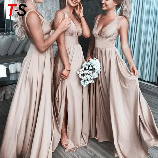 2021 New Designed Pretty Deep-V Neck Long Bridesmaid Dresses Backless Evening Dress