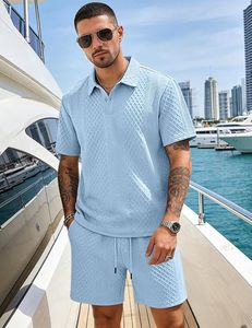 Completo Estivo da <span class=keywords><strong>Uomo</strong></span> in Tessuto Jacquard Stile Europeo e Americano, <span class=keywords><strong>Abbigliamento</strong></span> <span class=keywords><strong>Sportivo</strong></span> Casual, Polo con Colletto Sottile, Set a Maniche Corte - Product Image 2