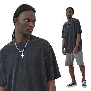 T-shirt da uomo Primavera/Estate 100% cotone pesante a manica corta, lavato, anti-UV, traspirante, ecologico, ad asciugatura rapida, vestibilità ampia, tinta unita - Product Image 2