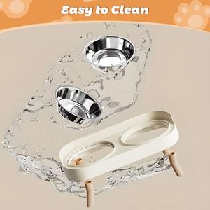 Bols doubles surélevés en acier inoxydable avec support et protection anti-éclaboussures, ensemble de bols antidérapants pour nourriture et eau pour chats et petits chiens - Product Image 4