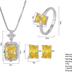 Factory Wholesale High Carbon Diamond Jewelry Eco-friendly Copper Square Yellow Zircon Necklace Ring <b>Earrings</b> Jewelry <b>Set</b> - Product Image 2