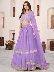 Lehenga violet moderne fluide en georgette douce avec bordure en dentelle richement ornée de sequins argentés, élégance royale et brillance pour les occasions de mariage - Product Image 3