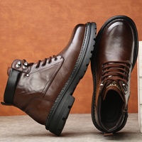 Bottes de travail mi-mollet pour hommes, en cuir pleine fleur, doublées polaire pour l'hiver, en cuir véritable chaud