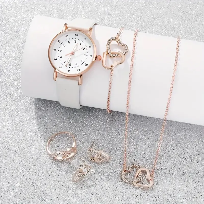 6 adet kadın Quartz saat Set lüks moda spor iş bağbozumu kol saati ile yüzük kolye ve kolye hediye seti