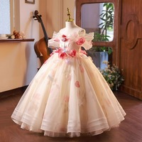 Gaun Pesta Mewah Model Off-the-Shoulder untuk Anak Perempuan dengan Kelopak Bunga 3D, Gaun Pengiring Pengantin untuk Kontes, Ulang Tahun, dan Pertunjukan Piano