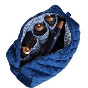 Pochette de maquillage en velours <span class=keywords><strong>bleu</strong></span> doux avec logo personnalisé, grande capacité, organiseur de voyage portable pour le rangement du sèche-cheveux - Product Image 1