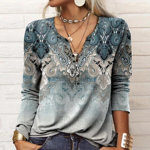 Blusas Femininas Vintage Boêmia com Estampa de Flores Geométricas em Paisley, Manga Longa, Tops Casuais com Decote em V - Product Image 4