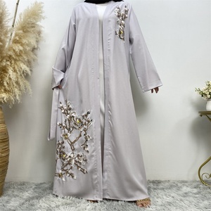 1717# Fashionable Embroidered Floral Applique Open Abaya Long Sleeve Crepe Dubai Abayas <b>Cardigan</b> With Side Pockets 2 Colors - Product Image 4