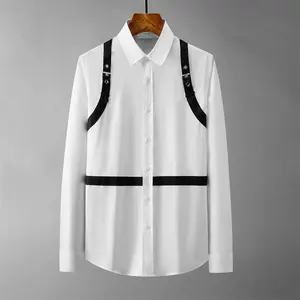 新款设计时尚纯棉男士长袖衬衫白衬衫肩带设计