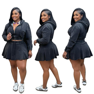 <span class=keywords><strong>Soldes</strong></span> Chaudes Été Automne Ensemble Jupe Deux Pièces <span class=keywords><strong>Femme</strong></span>: Veste Courte à Capuche Manches Longues et Mini Robe Plissée - Product Image 4